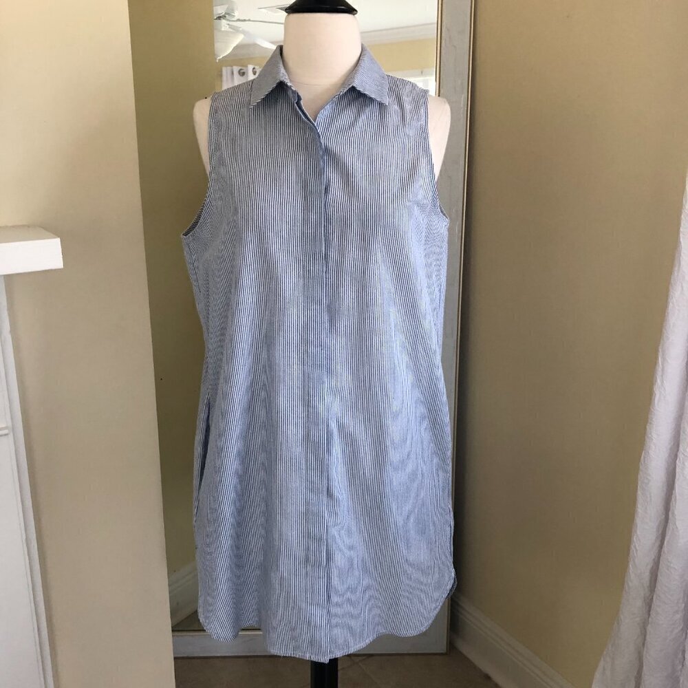 Lumiere Blue Seersucker Sleeveless Full Button Summer Shirt Dress Small Beachy
